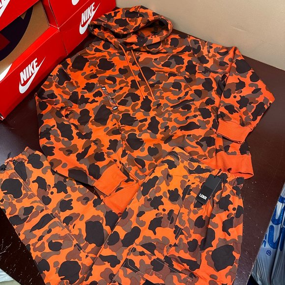LCKR Mens Orange Camo Long Sleeve Hoodie & Jogger 2 Pcs Tracksuit Set Size L - Picture 1 of 4